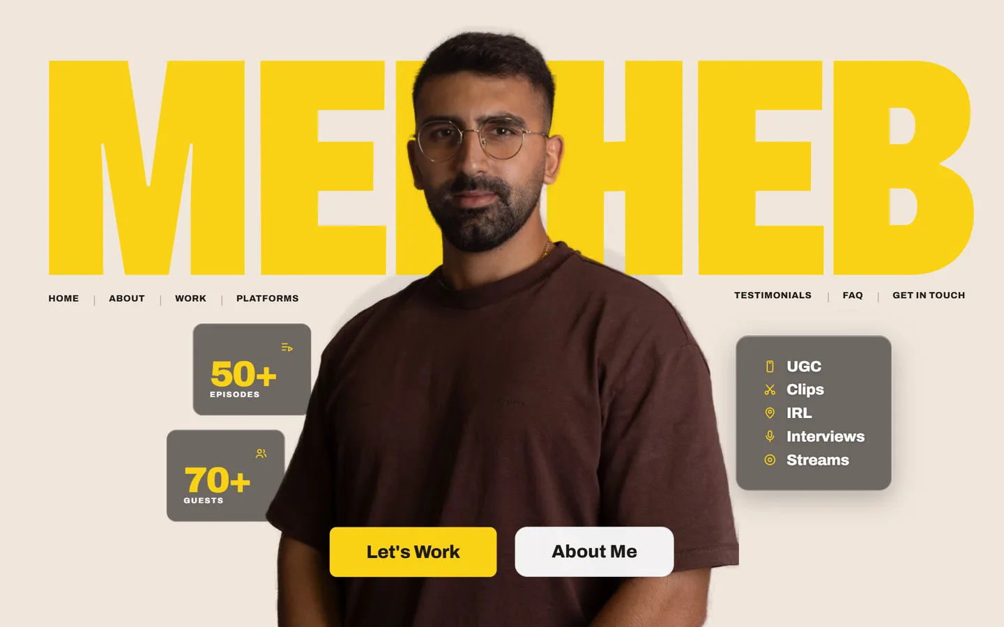 Merheb's site: his name huge in yellow behind his portrait